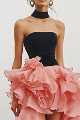Schwarz Rosa Trägerloses High-Low Langes Ballkleid mit Rüschen